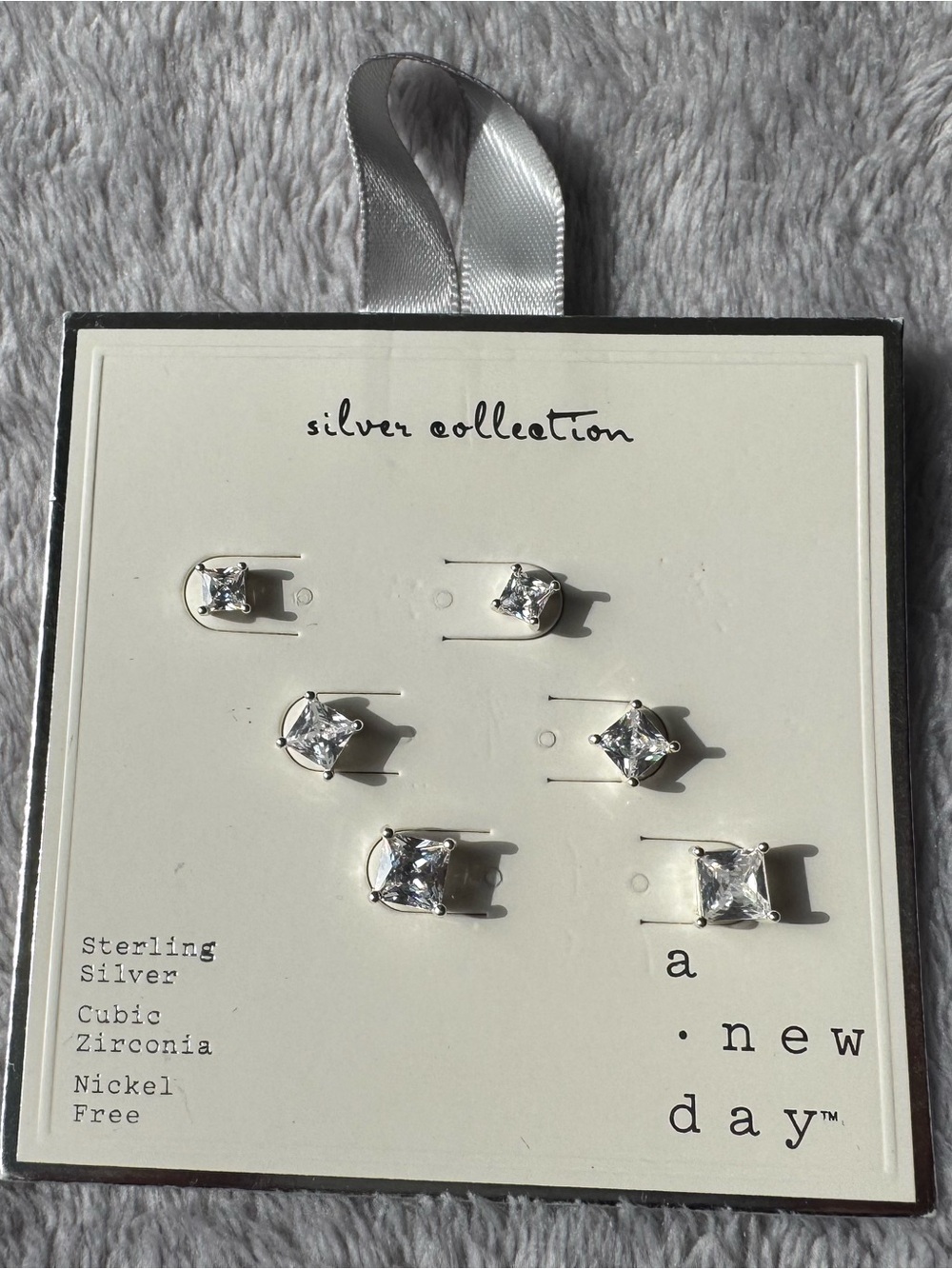 A New Day Silver Collection 3 Pairs of Square Cut Cubic Zirconia Stud Earrings